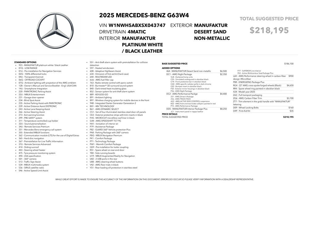 For Sale: 2025 Mercedes-Benz G63 AMG 4MATIC VIN W1NWH5ABXSX043747