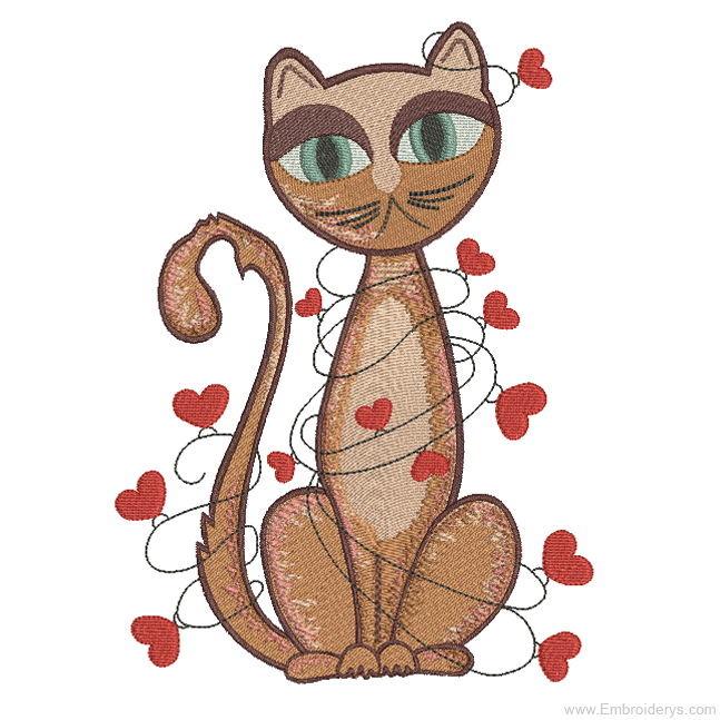 Valentine Cat with Hearts - Embroidery Designs
