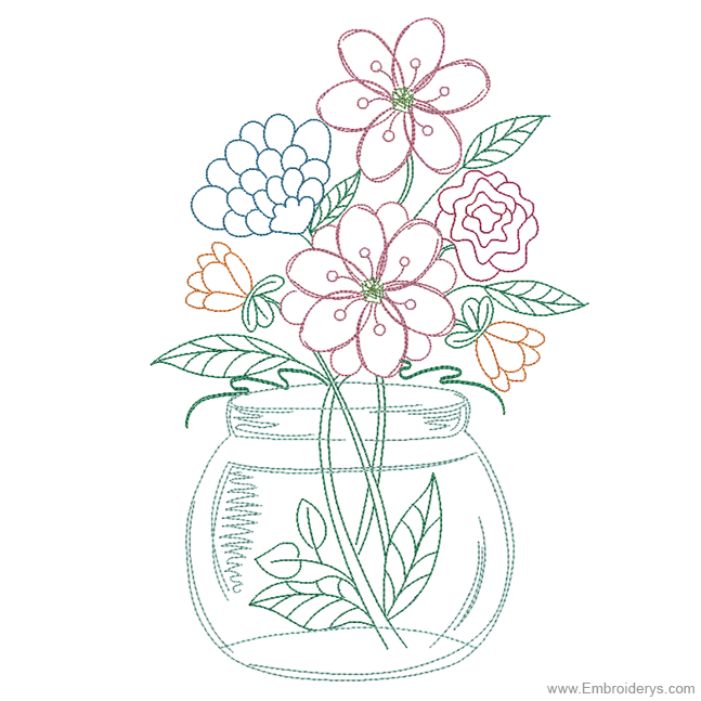 Fanciful Floral Mason Jar Embroidery Designs
