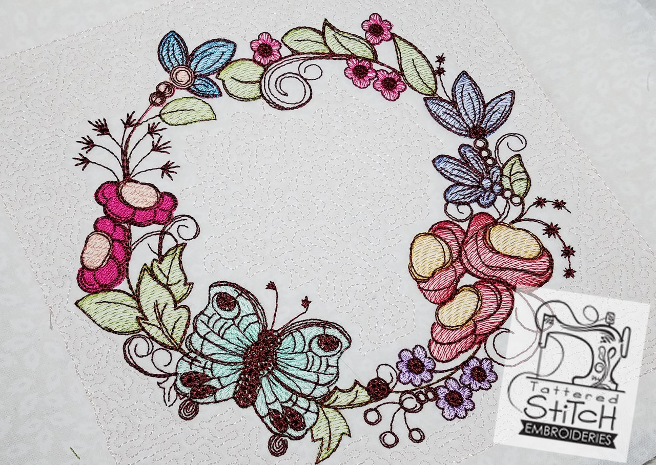 Floral Butterfly Wreath Embroidery Designs