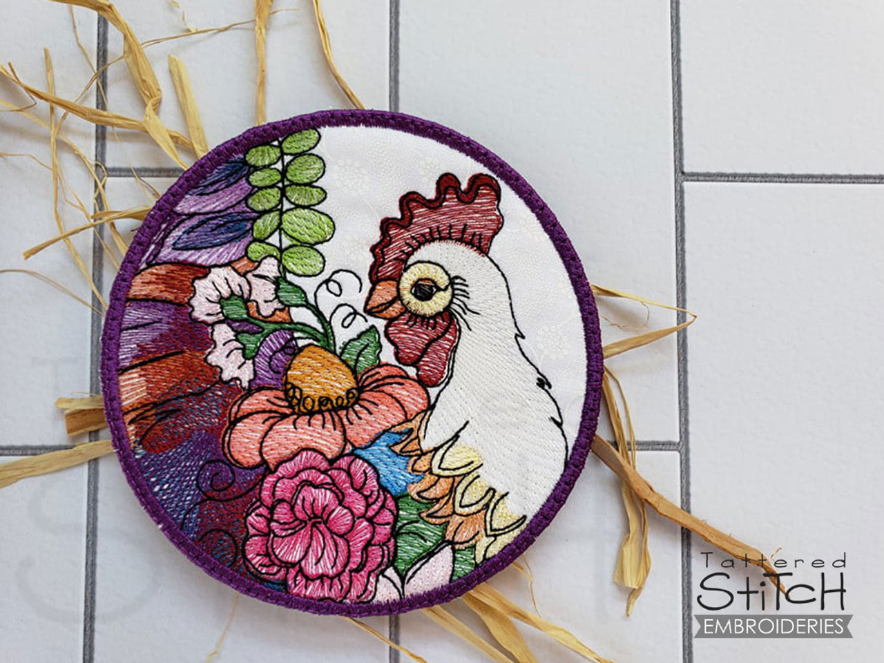 Floral Chicken Coaster - Instant Downloadable Machine Embroidery - Light  Fill Stitch