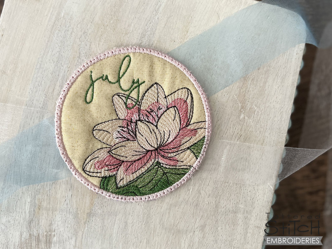 July Water Lily Coaster Machine Embroidery Tattered Stitch