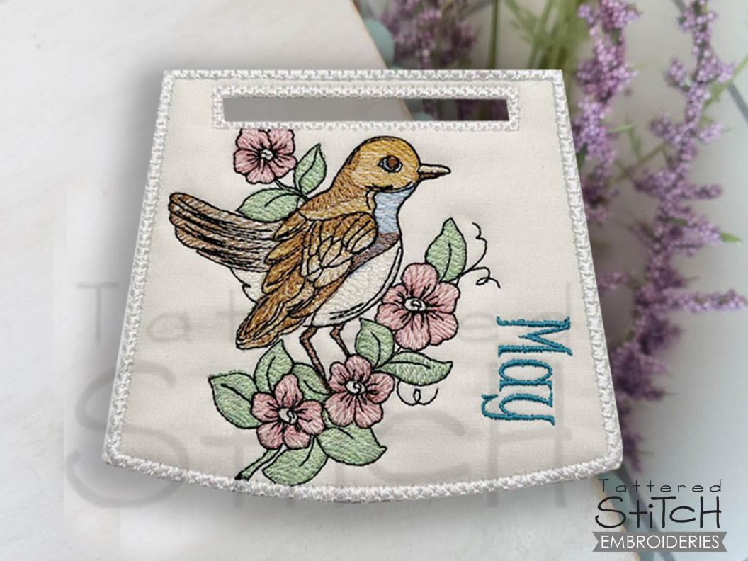 Bird of the Month May Nightingale Towel Topper Embroidery Designs