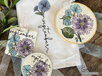 September Aster, Morning Glory Coaster - Birth Month Flowers - Machine Embroidery