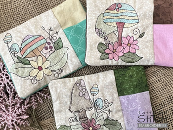 Mushrooms 3 Pocket Coaster / Trivet - Embroidery Designs