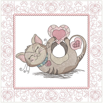 Playful Hearts Kitty Quilt Block 5 -  Fits a  5x5", 6x6", 7x7", 8x8" & 10x10"  Hoop - Machine Embroidery Designs