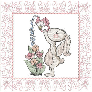 Bunny Watering Flowers Quilt Block - Machine Embroidery Designs