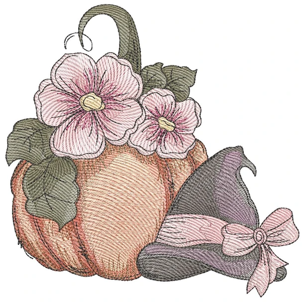 Floral Pumpkin with Witch Hat - Embroidery Designs