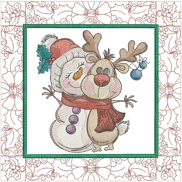 Winter Pals Quilt Block - Fits a   6x6",  8x8" & 10x10"  Hoop - Machine Embroidery Designs