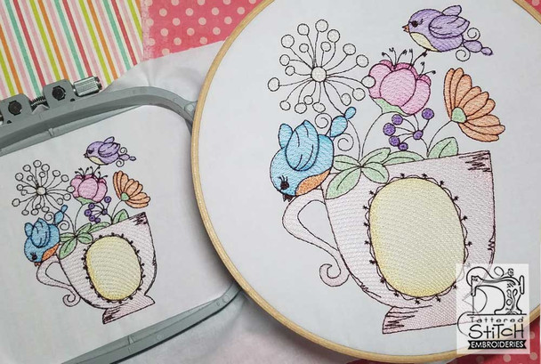 Two Finches and Teacup - Embroidery Designs & Patterns