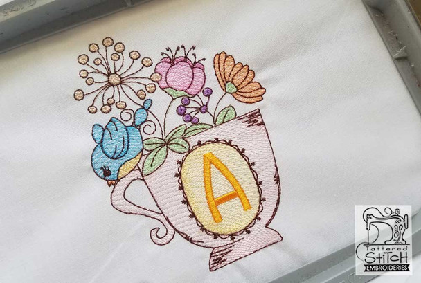 Floral Finch Teacup J - Fits in a 5x7" Hoop - Instant Downloadable Machine Embroidery