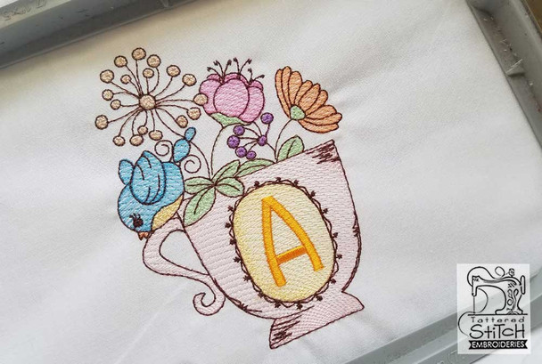 Floral Finch Teacup- M -Embroidery Designs