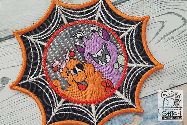 Spiderweb Monster Pals Coaster - Fits in a 5x7" Hoop - Instant Downloadable Machine Embroidery