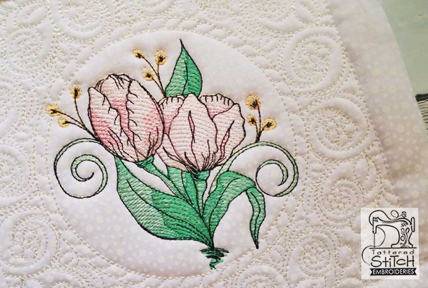 Tulip Cluster Quilt Block-Fits a  5x5", 6x6", 7x7", 8x8" & 10x10"  Hoop - Machine Embroidery Designs