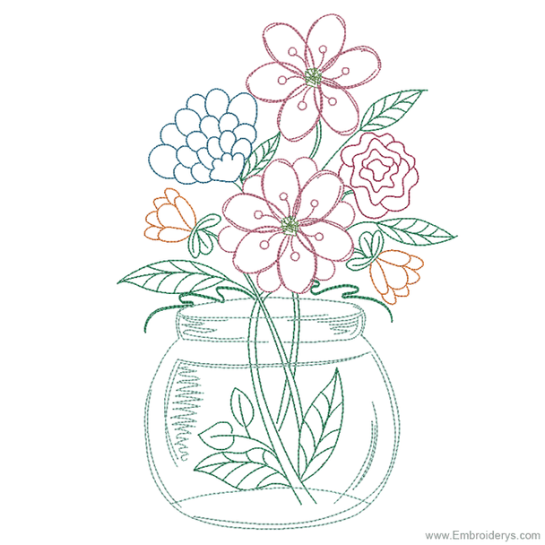 Fanciful Floral Mason Jar - Embroidery Designs