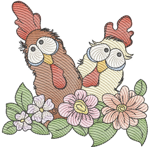 Chickens In Flowers (No Quilt Block Background)  - Fits a 4x4", 5x7", &  8x8" Hoop - Machine Embroidery Designs