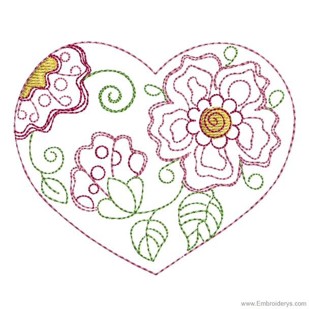 Fanciful Flowers Heart - Embroidery Designs