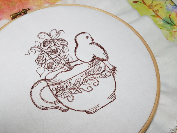 Finch Tea Rose Teacup Redwork - Embroidery Designs