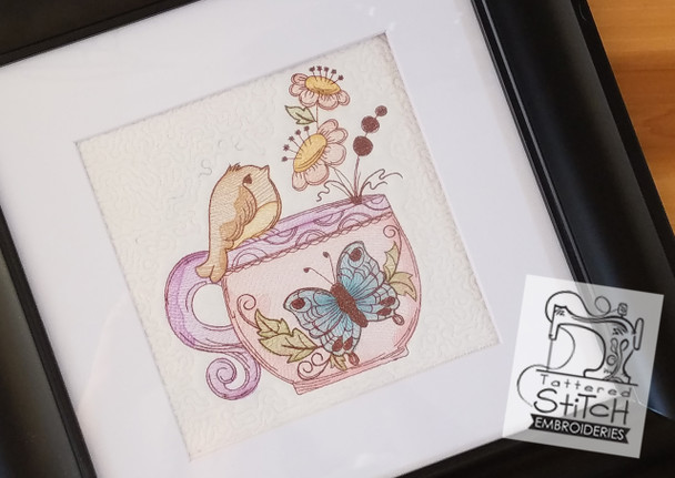 Finch Butterfly Teacup Quilt Block - Embroidery Designs