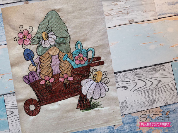 Gnome in Wheelbarrow - Machine Embroidery Designs