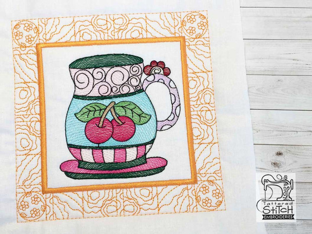 Tea Cup 4 Quilt Block - Fits a  5x5", 6x6", 7x7", 8x8" & 10x10"  Hoop - Machine Embroidery Designs