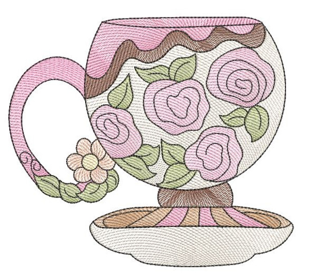 Rose Tea Cup 5 (No Quilt Block Background) - Embroidery