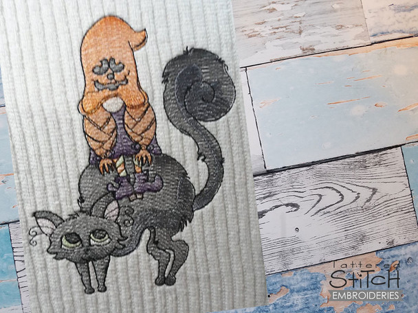 Gnome on Black cat -  Fits a 4x4, 5x7 & 6x10"  Hoop - Machine Embroidery Designs