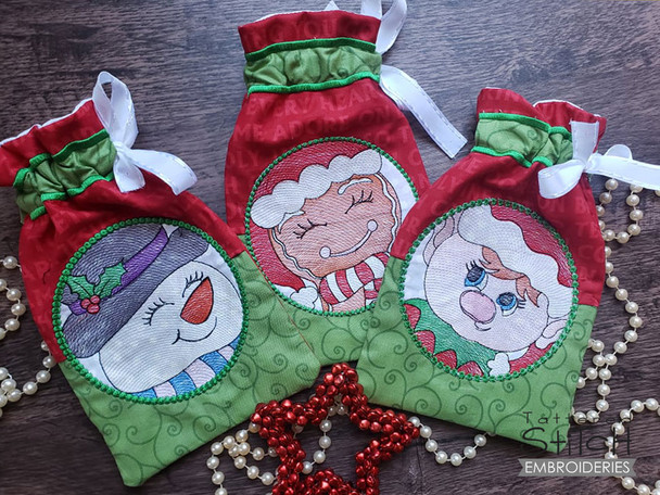 Snowman, Gingerbread Man & Elf  Gift Bags Bundle -Embroidery