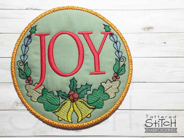 Joy 2 Bells Laurel Coaster - Instant Downloadable Machine Embroidery - Light Fill Stitch