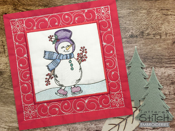 Skating Snowman Quilt Block   - Instant Downloadable Machine Embroidery - Light Fill Stitch
