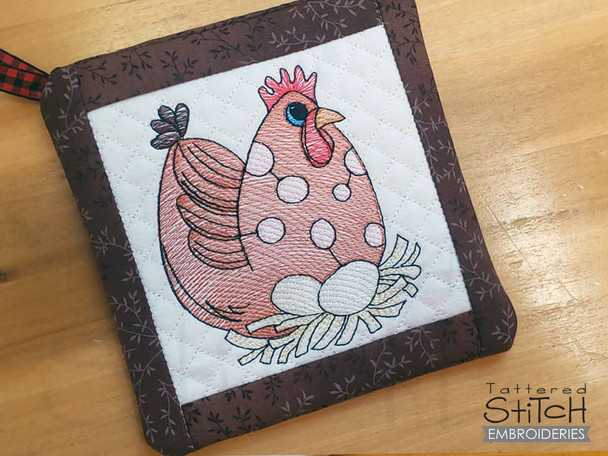 Roosting Chicken Potholder - Machine Embroidery Designs