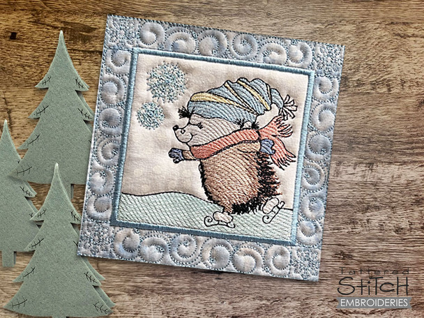 Skating Hedgehog Quilt Block  - Machine Embroidery