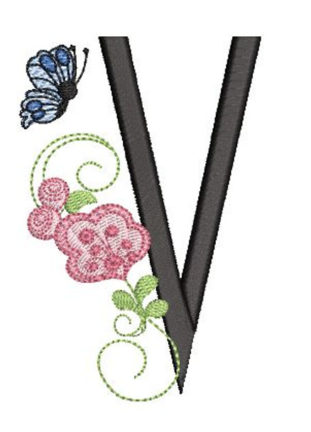 Rosebud Butterfly Font ABCs - V - Embroidery Designs