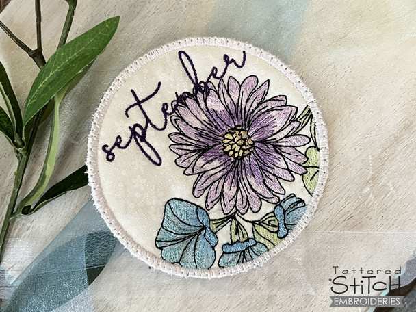 September Aster, Morning Glory Coaster - Birth Month Flowers - Machine Embroidery