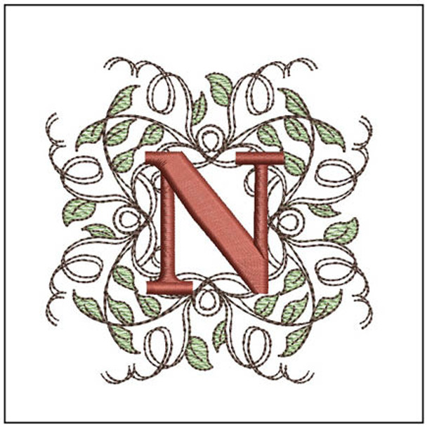 Leaf Monogram - ABCs - N- Fits a 4x4" Hoop, Machine Embroidery Pattern,