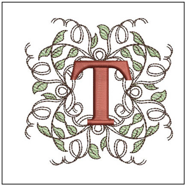 Leaf Monogram - ABCs - T- Fits a 4x4" Hoop, Machine Embroidery Pattern,