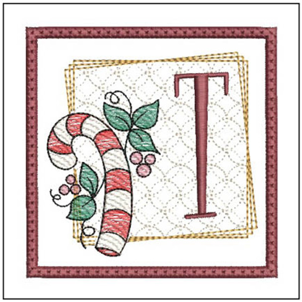 Candy Cane Coaster ABCs - T- Fits a 4x4" Hoop, Machine Embroidery Pattern,