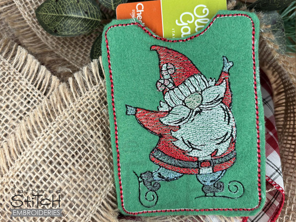 Skiing Santa Gnome Gift Card Holder - Fits a 4x4" Hoop - Instant Downloadable Machine Embroidery - Light Fill Stitch