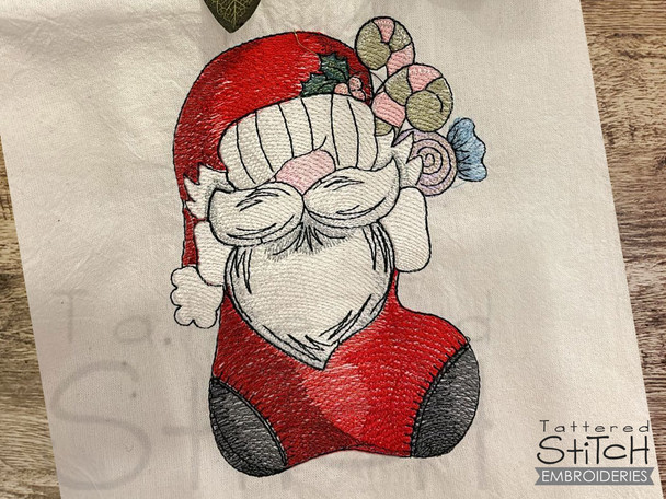 Gnome in Stocking  - Fits a 4x4"  & 5x7" & 6x10" Hoop - Instant Downloadable Machine Embroidery - Light Fill Stitch