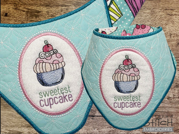 Cupcake Bandanna Bib - Uses a  5x7 and 8x12" Hoop - Instant Downloadable Machine Embroidery