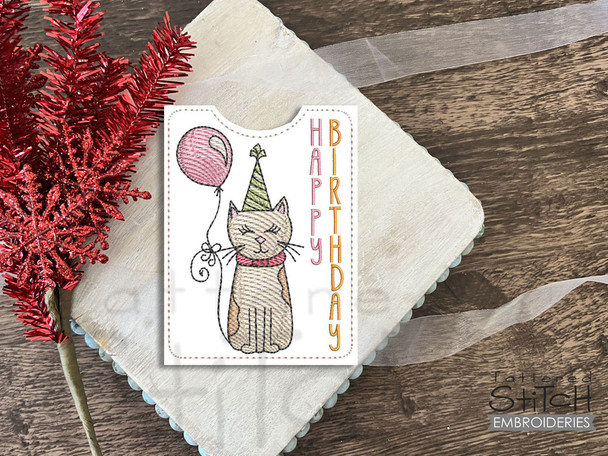 Kitty Happy Birthday Gift Card Holder  - Instant Downloadable Machine Embroidery - Light Fill Stitch Kitty Happy Birthday Gift Card Holder  - Instant Downloadable Machine Embroidery - Light Fill Stitch