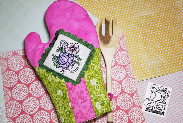 Dahlia Cluster Oven Mitt fits an 8x12" Hoop - Instant Downloadable Machine Embroidery