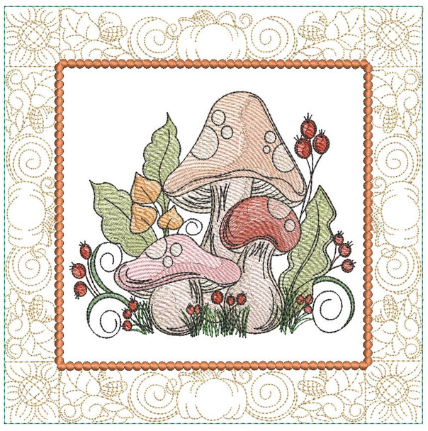 Wild Mushrooms Quilt Block -  Fits a  5x5", 6x6", 7x7", 8x8" & 10x10"  Hoop - Machine Embroidery Designs