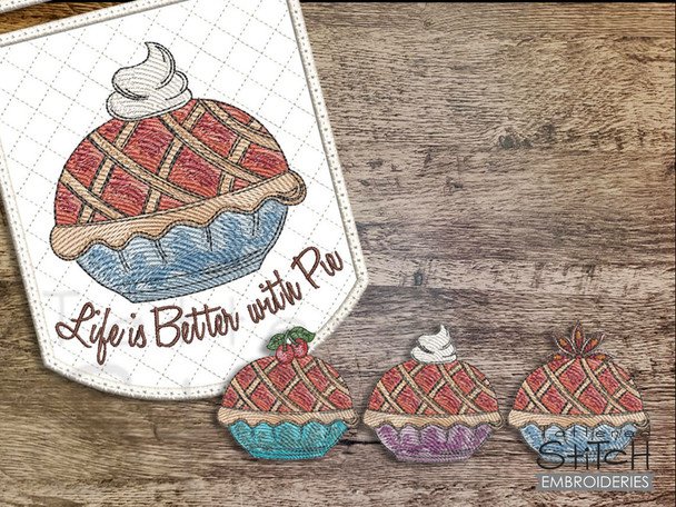 Life is Better with Pie Towel Topper and 3 Pies Set - Embroidery Designs