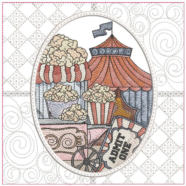 Carnival - Popcorn Stand - Quilt Block -  Fits a  6x6", 7x7", 8x8" & 10x10"  Hoop - Machine Embroidery Designs