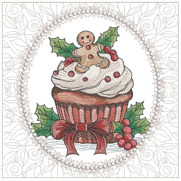 Gingerbread Cupcake Quilt Block #9  -  Fits a  5x5", 6x6", 7x7", 8x8" & 10x10"  Hoop - Machine Embroidery Designs