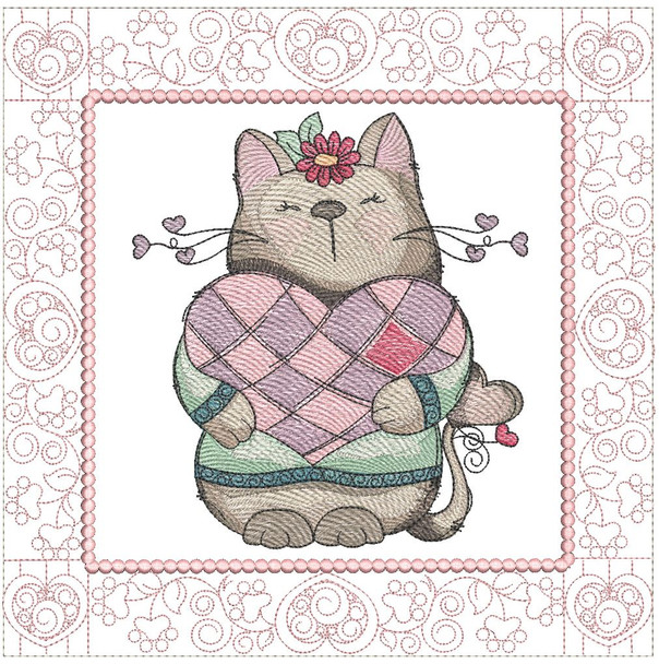 Kitty Hearts Quilt Block 3 -  Fits a  5x5", 6x6", 7x7", 8x8" & 10x10"  Hoop - Machine Embroidery Designs
