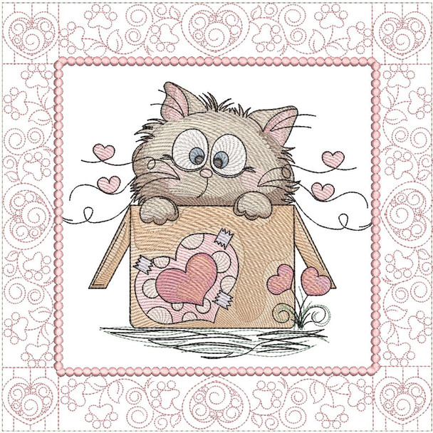 Kitty In Box Quilt Block - Machine Embroidery Designs