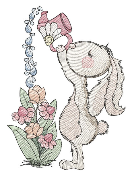 Bunny Watering Flowers - Machine Embroidery Designs