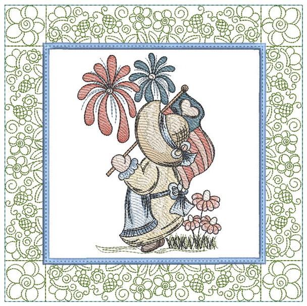 Patriotic Sunbonnet Sue Quilt Block -  Fits a  6x6", 7x7", 8x8" & 10x10"  Hoop - Machine Embroidery Designs